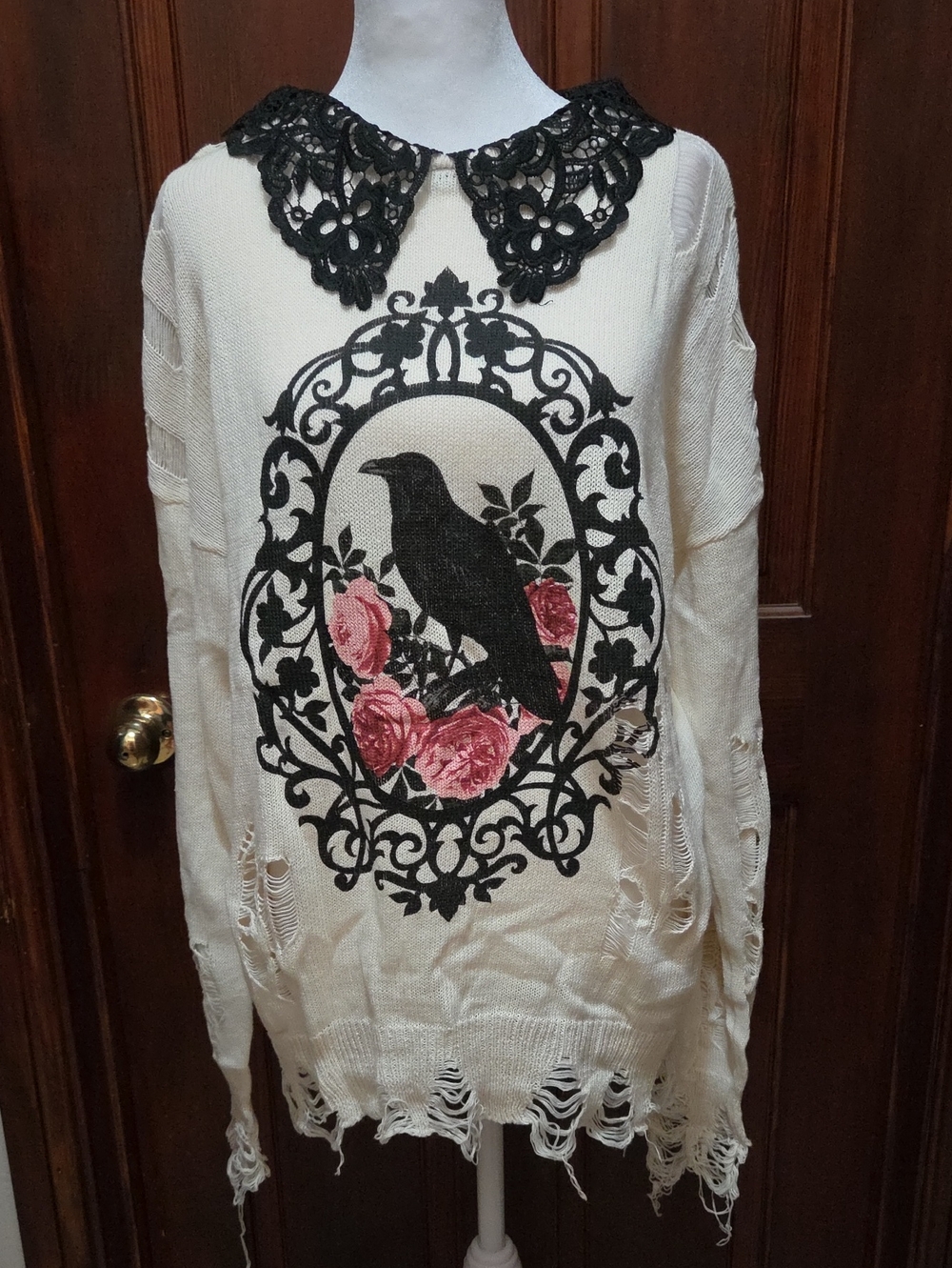 Cream Distressed Sweater with Black Lace Collar and Raven Rose Motif
